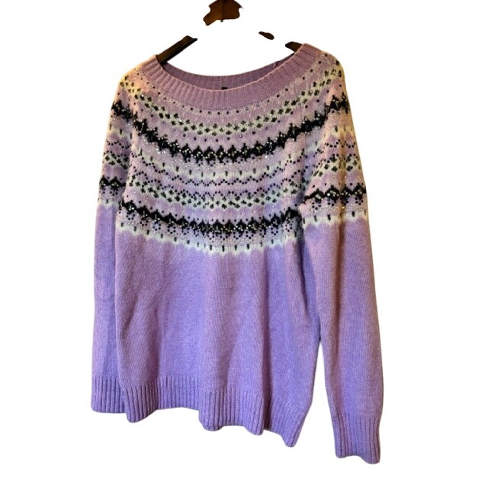 Talbots Women's Fair Isle Rhinestone Sweater Lavender Wool Blend M Oversized